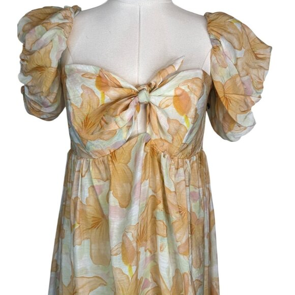 NWT ASTR XL The Label Orange Tropical Maxi Dress Puff Sleeves & Tie Front - Picture 4 of 16